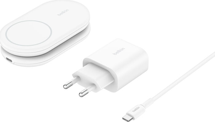 Belkin BoostCharge 2-í-1 15W Qi2 þráðlaus hleðslustandur - Hvítur