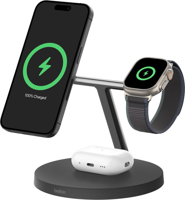 Belkin BoostCharge Pro 3-í-1 15W Qi2 Þráðlaus hleðslustandur - Svartur
